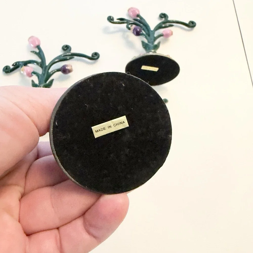3 Rose Tree Enameled Metal‎ & Rhinestone Jewelry Earring Mini Display Stand Set